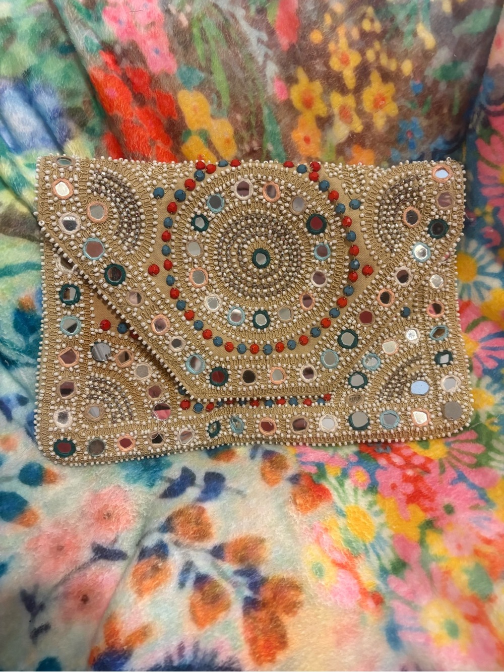 Beaded Multicolor Mirror Embellished Clutch - Gold with multicolor beads